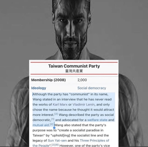 Picture of a Gigachad with a excerpt of the Wikipedia article of the Taiwan Communist Party, where a part is highlighted: Although the party had "communist" in its name, Wang stated in an interview that he had never read the works of Karl Marx or Vladimir Lenin, and he only chose the name because he thought it would attract more interest. Wang described the party as social democratic, and advocated the establishment of a welfare state and mutual aid in Taiwan.