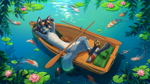 A furry art by Kesha Kotolapa featuring a grey folf sleeping in a boat surrounded by a koi pond
