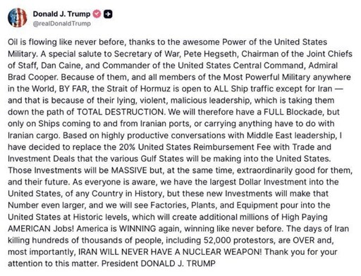 Trump takes back the 20% fee to cross the Hormutz strait 24 hours after announcing it
