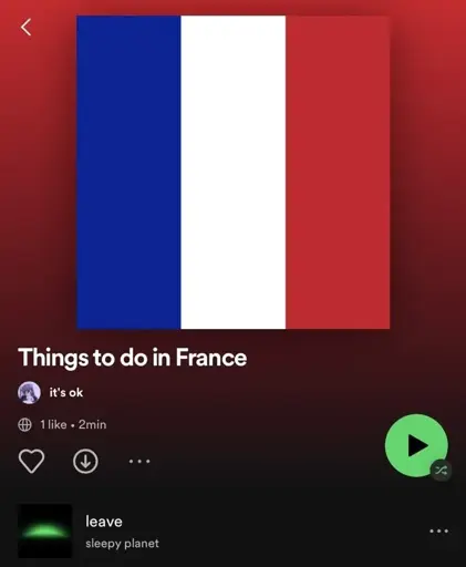 Spotify playlist called "Things to do in France" with a single song called "leave" by "sleepy planet"