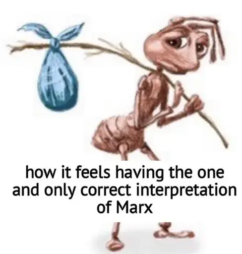 Picture of a unhappy anthropomorphic ant with a bundle on a stick captioned "how it feels having the one and only correct interpretation of Marx"