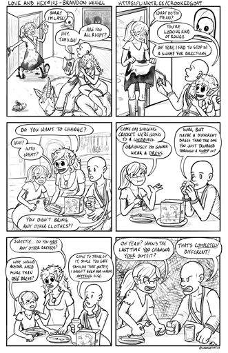 Page 143 from the comic Love and Hex. Full transcript: https://crookedgoat.ca/comic/143/#comic-page  Tamilda's dress sense is questioned.