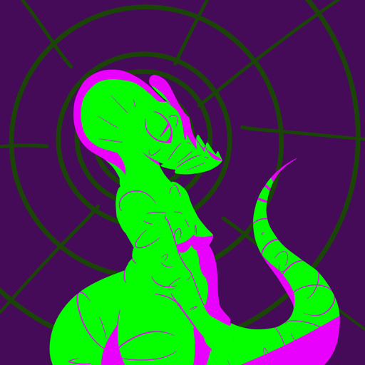 Neon-colored drawing depicting a chubby anthropomorphic snake. Their scales are neon green, with purple details