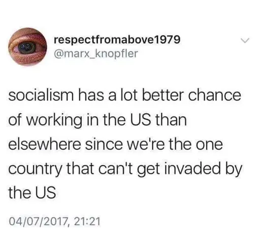 Microblog post: socialism has a lot better chance of working in the US than elsewhere since we're the one country that can't get invaded by the US