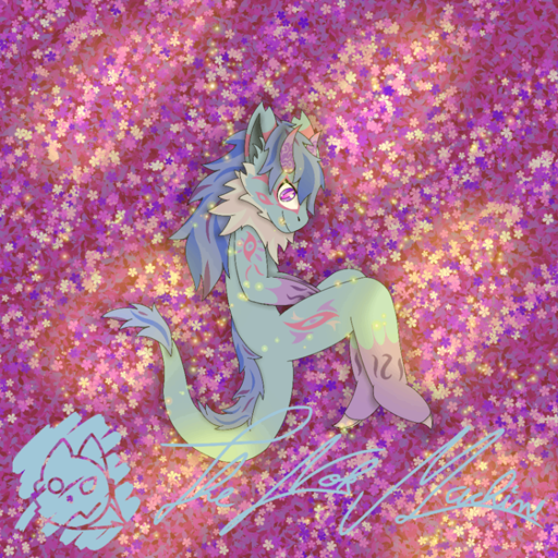 A blue dragon, with pastel dark blue hair and pink white mane, laying on the side in cherry leaves and flowers. 