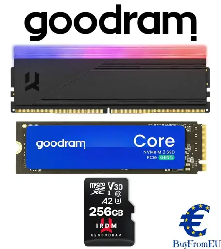 the goodram logo followed by a picture of a ram card, m.2 sdd, and microsd card