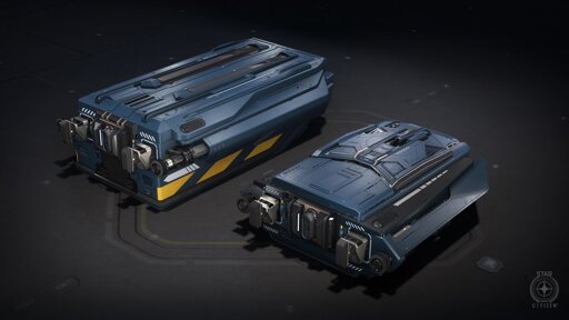 2 futuristic looking modules. Both are cuboid shaped (7x2x3 ish), navy blue, and have some strange hose sticking thing out on each end.